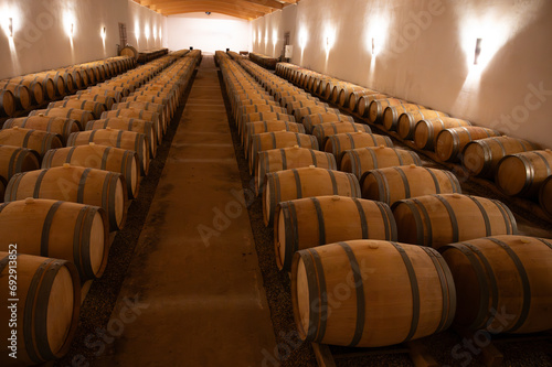 WIne celler with french oak barrels for aging of red dry wine made from Cabernet Sauvignon grape variety, Haut-Medoc vineyards in Bordeaux, left bank of Gironde Estuary, Pauillac, France