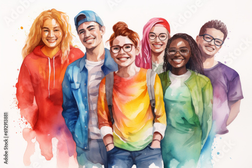 Group, diverse students and watercolour portrait illustration on a white background for human rights protest, awareness and LGBTQ. Happy, beautiful and colourful sketch for creative poster design photo