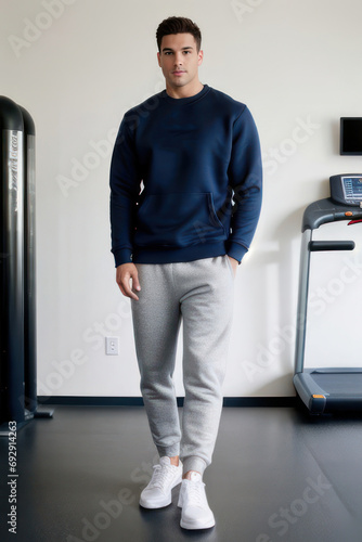 Fitness young man in light tracksuit standing in the gym. Generative AI photo