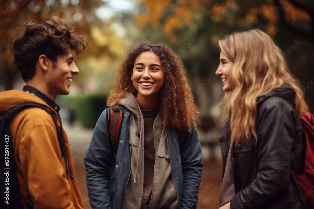 Happy young interracial students chatting with each other after class standing outside. Guy and girls wear casual clothes to study. Lifestyle concept, sincere emotions Happy young interracial students chatting with each other after class standing outside. Guy and girls wear casual clothes to study. Lifestyle concept, sincere emotions