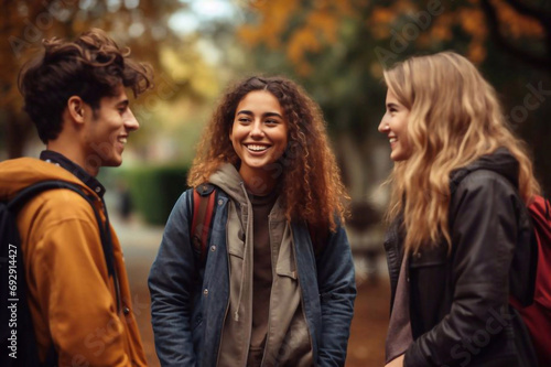 Happy young interracial students chatting with each other after class standing outside. Guy and girls wear casual clothes to study. Lifestyle concept, sincere emotions