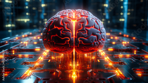 Red illuminated artificial intelligence brain in a futuristic data center symbolizing advanced AI risks, superintelligence threat, and potential future scenarios of overpowering AGI