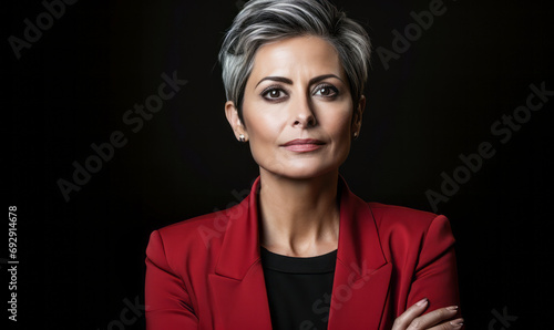 Confident mature businesswoman with stylish short gray hair wearing a red blazer over a black shirt, poised against a dark brown backdrop photo