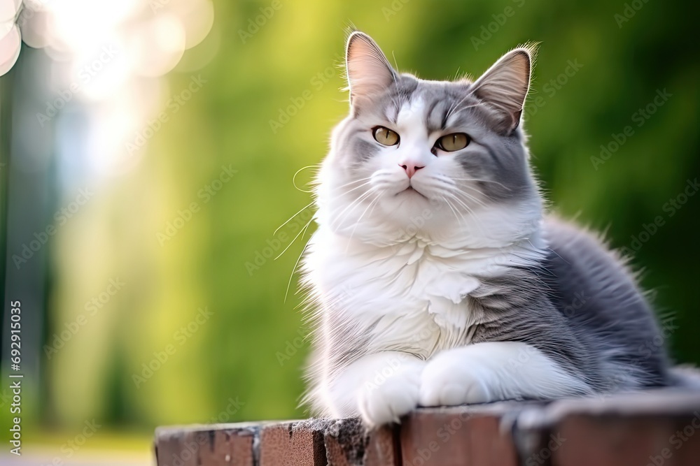 Obraz premium Whiskers and sunshine. Cute grey tabby cat enjoying lazy afternoon in meadow. Adorable feline rests on green lawn basking in warmth of sunlight
