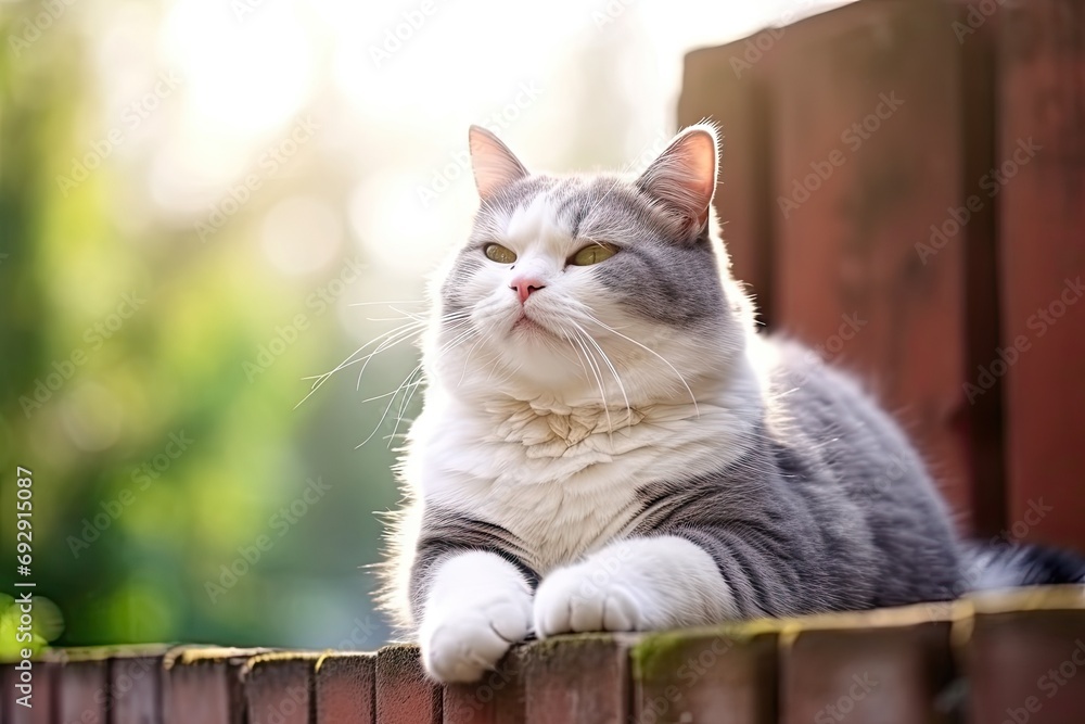 Whiskers and sunshine. Cute grey tabby cat enjoying lazy afternoon in meadow. Adorable feline rests on green lawn basking in warmth of sunlight
