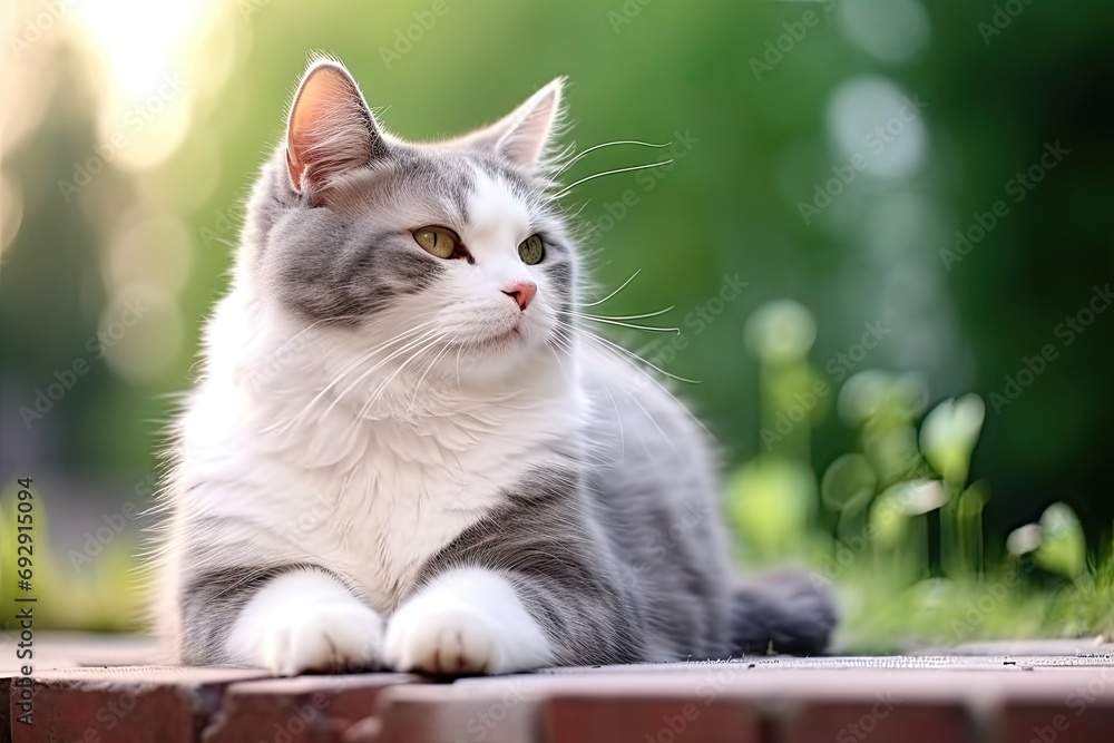 Whiskers and sunshine. Cute grey tabby cat enjoying lazy afternoon in meadow. Adorable feline rests on green lawn basking in warmth of sunlight Whiskers and sunshine. Cute grey tabby cat enjoying lazy afternoon in meadow. Adorable feline rests on green lawn basking in warmth of sunlight