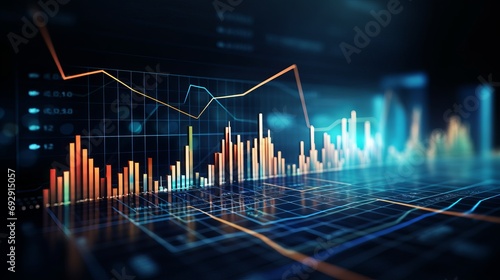Dynamic Stock Market Growth and Business Investing Concept: Digital Financial Charts and Graphs on Dark Blue Background