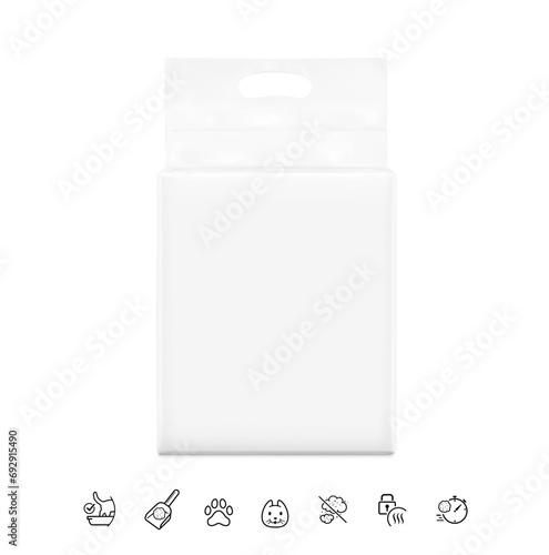 Vacuum bag with handle mockup with set icons for cat litter. Front view. Vector illustration isolated on white background. Ready for use in presentation, promo, advertising. EPS10. 