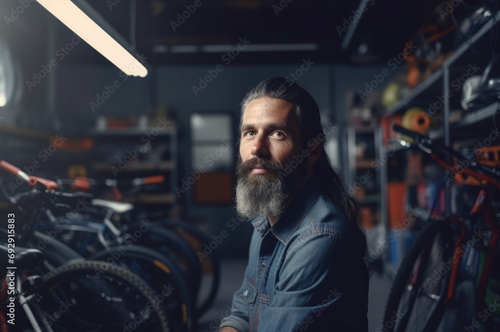 Man in bicycle service shop. Professional repair technician bikes expert. Generate ai Man in bicycle service shop. Professional repair technician bikes expert. Generate ai