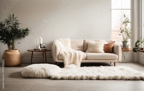 cozy sofa with a fluffy white sheepskin throw and pillows, creating a perfect spot for relaxation. The hygge-inspired Scandinavian design adds warmth and invites comfort