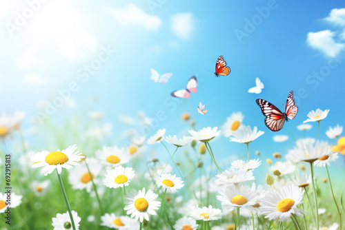 Bright spring or summer image of field of blooming meadow flowers daisy and butterflies fluttering above it. Spring summer outdoors close-up, copy space, wide format. 