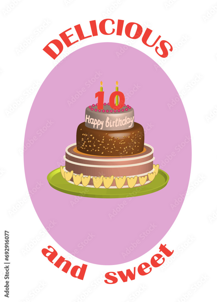 Birthday cake icon with text Delicious and sweet. T-shirt print design, logo and icon design. Vector illustration isolated on white. Birthday cake icon with text Delicious and sweet. T-shirt print design, logo and icon design. Vector illustration isolated on white.