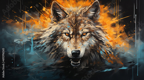 Vibrant wolf, expressive painting, wild and colorful. Energetic, nature-inspired art for decor, prints and creative expressions. On a dynamic canvas with a touch of untamed beauty. © StevensBot/Peopleimages - AI