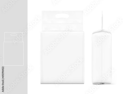 Realistic stand bag with hole handle mockup. Front and side view. Vector illustration isolated on white background. Ready for your design. Suite for the presentation of diaper, foods, wet wipe. EPS10.