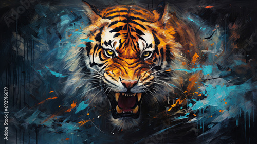 Wild tiger  vibrant and expressive painting. Colorful  energetic and nature-inspired art for decor  prints and creative expressions. On a dynamic canvas with a touch of untamed beauty.