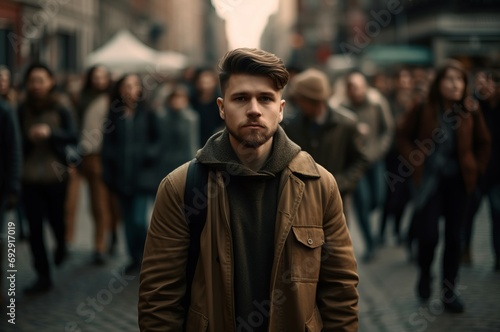 Male closeup portrait on crowded street. Young guy posing on town populous avenue. Generate ai