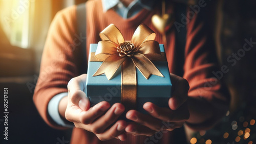 a person holding a blue gift box with a gold bow, a stock photo  shutterstock contest winner, cloisonnism, stockphoto, stock photo, contest winner photo