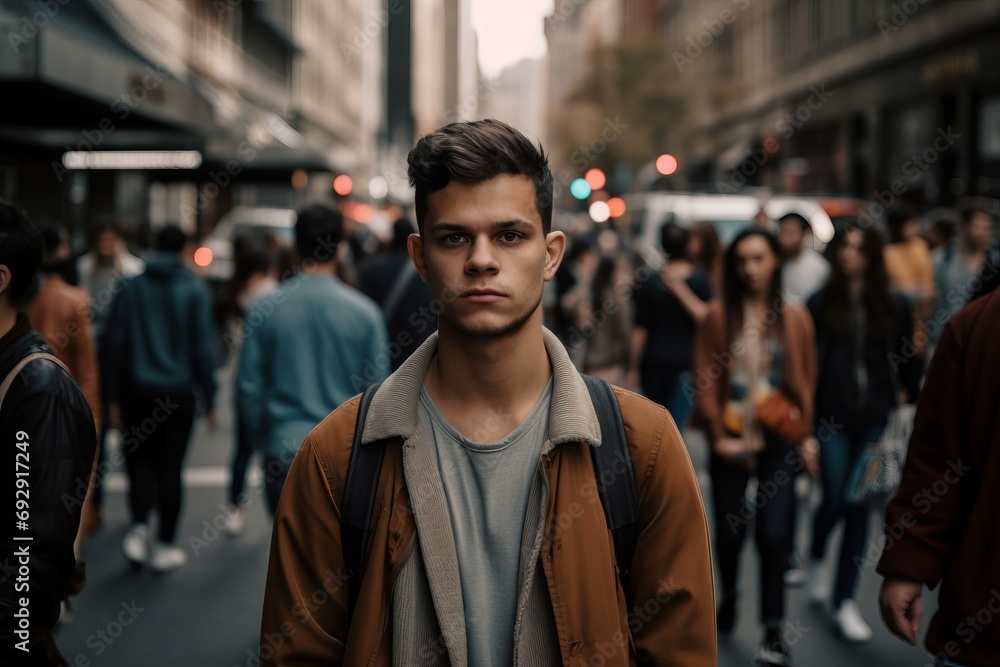 Young man portrait on crowded city street. Serious male teenager posing on multitude populace avenue. Generate ai