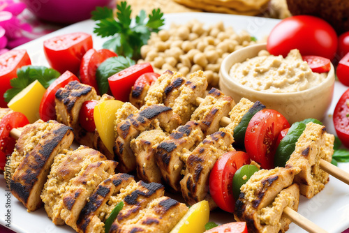 Lebanese cuisine. Chicken shish kebab on skewers served with couscous and vegetables. Generative AI