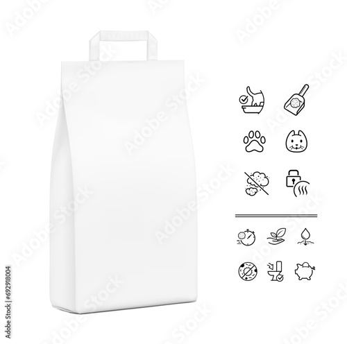 Paper packaging bag with handle mockup with set icons for cat litter. Half side view. Vector illustration isolated on white background. Ready for use in presentation, promo, advertising. EPS10.