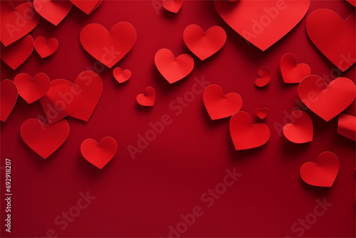 Red paper hearts in a chaotic order, background for a romantic event, Valentine's Day, holiday card