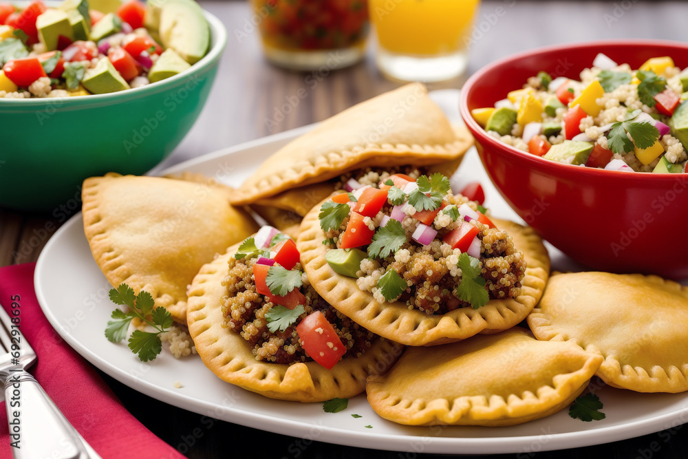 South American cuisine. Tasty pie with rice and vegetables served on plate, closeup. Generative AI South American cuisine. Tasty pie with rice and vegetables served on plate, closeup. Generative AI