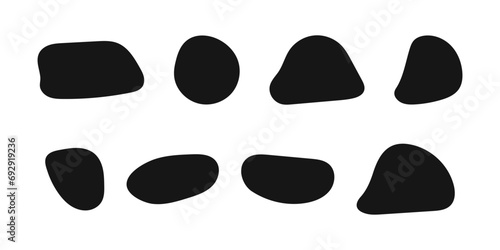 Set of irregular shapes, organic blobs, liquid ink spots, distorted bubbles textures isolated on white background. Trendy asymmetric figures. Vector graphic elements illustration