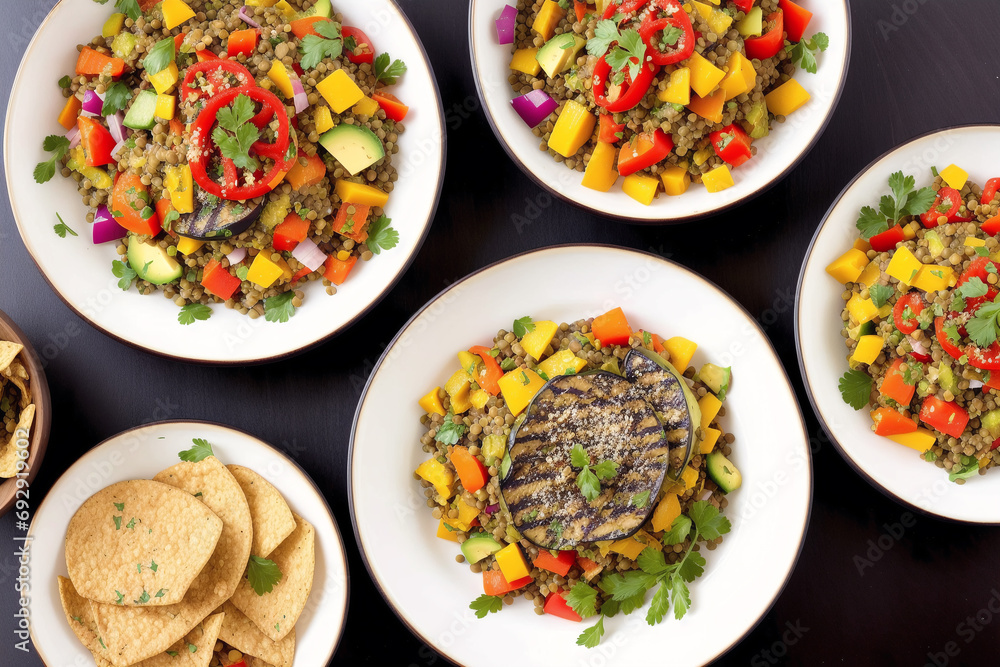 Vegetarian cuisine. Tasty Couscous with vegetables and spices in bowls on wooden table, Bowls of healthy vegetarian lentil salad , Generative AI Vegetarian cuisine. Tasty Couscous with vegetables and spices in bowls on wooden table, Bowls of healthy vegetarian lentil salad , Generative AI