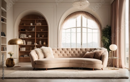 Curved sofa with tufted upholstery sits against an arched window, creating a cozy and elegant atmosphere. © Alief Shop