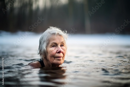 Elderly woman swimming in outdoor cold pond water. Senior female swimmer rejuvenation refreshing aquatic therapy. Generate ai © nsit0108