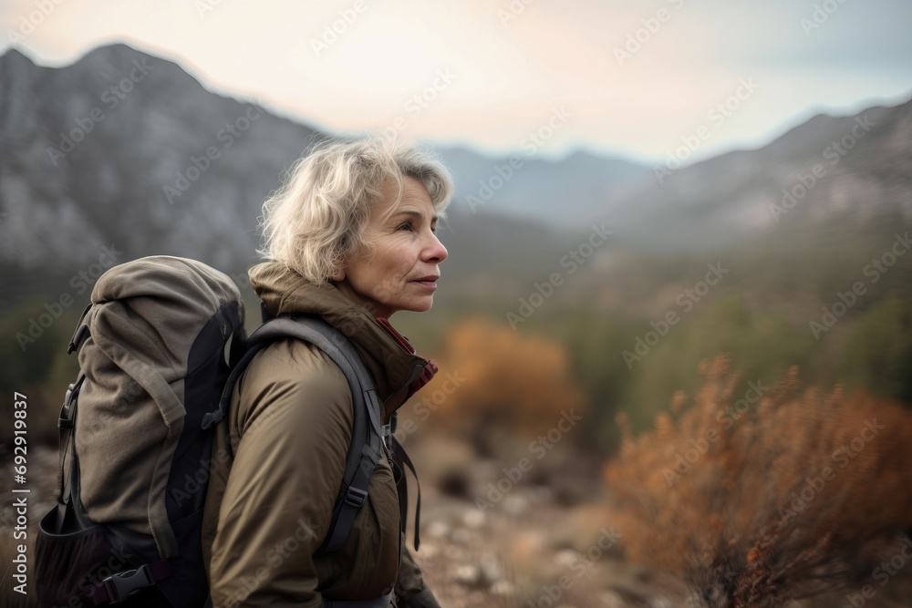 Mature woman travelling with backpack. Active aged lady in mountain hiking journey. Generate ai
