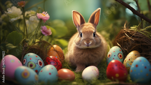 Wallpaper Mural Easter bunny and colored easter eggs on green grass. Torontodigital.ca