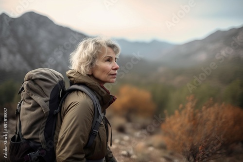 Mature woman travelling with backpack. Active aged lady in mountain hiking journey. Generate ai