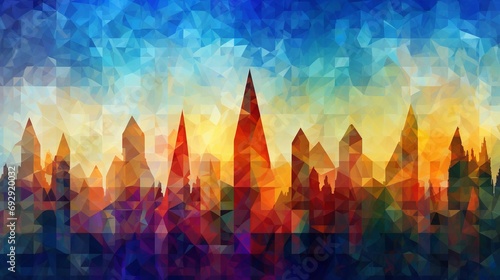 Vibrant Cityscape with a Blue Sky Winter Christmas tree Grunge banner background