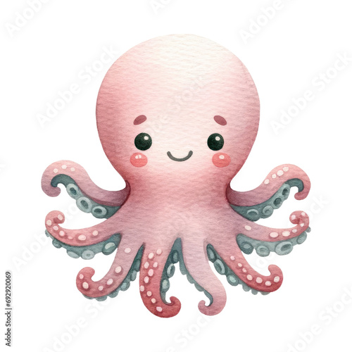 Watercolor Cute Water Animal. Adorable Octopus Clipart. Sea Animal Concept. Watercolor Aquatic Animal Illustration.