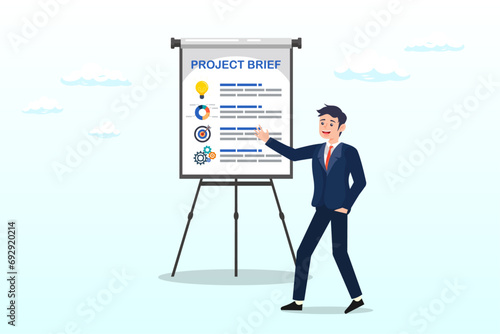 Businessman present project brief on meeting room whiteboard, project briefing, design summary or brief document presentation, business goal strategy or workflow development details, planning (Vector)