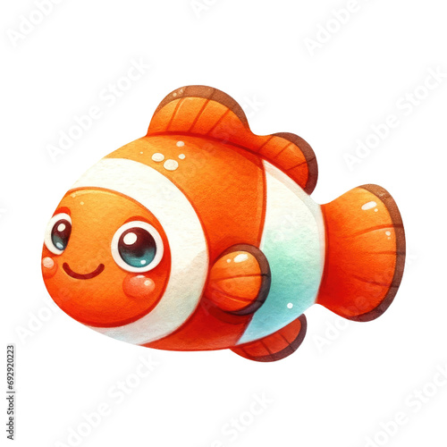 Watercolor Cute Water Animal. Adorable Clownfish Clipart. Sea Animal Concept. Watercolor Aquatic Animal Illustration.