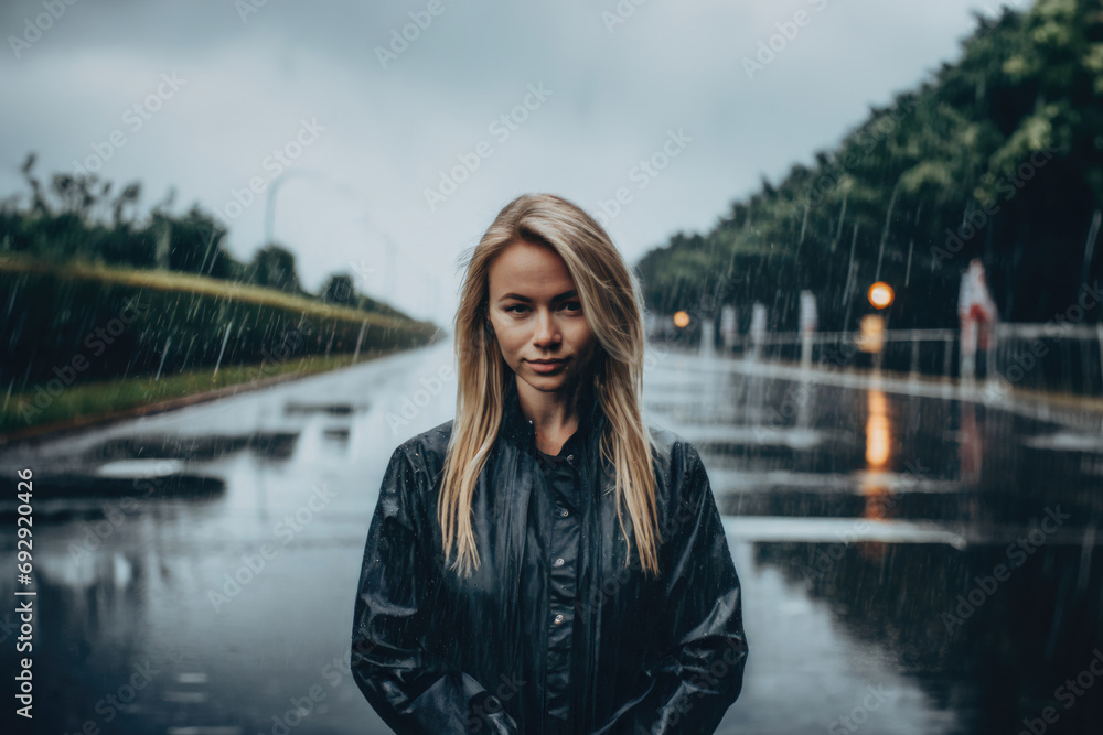  young adult woman standing in the rain, rainy weather and rain, negative mood, depression