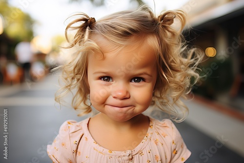 outside close camera looking kid funny hair blond emotions candid old year 1 baby cute portrait face smiling girl Child children toddler fun family childhood lifestyle infant adorable authentic photo