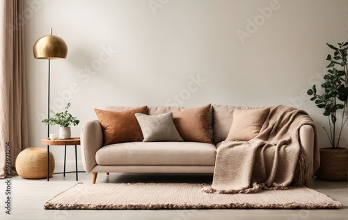 Cozy loveseat sofa is placed against a wall. A knitted blanket adds warmth, while a blank mock-up poster frame