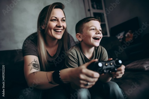 Mother son games together. Grown woman having fun and interesting time with little boy. Generate AI photo