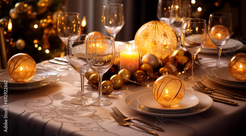 Christmas table setting with golden ornaments, candles and cutlery