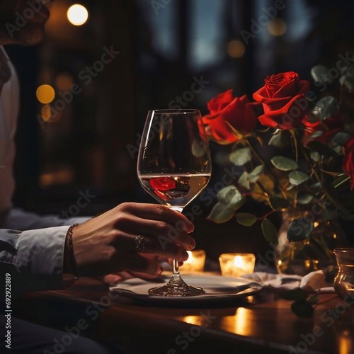 Closeup with cropped shot of lovers holding hands over romantic valentine’s day dinner table with wine and red rose. the man gently touches the woman’s fingers