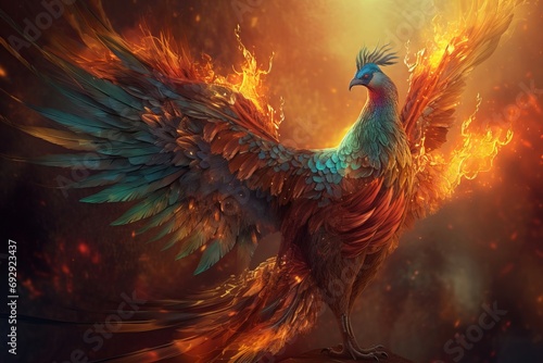 Burning bird artwork. Amazing and fantasy phoenix flying giant wings. Generate AI