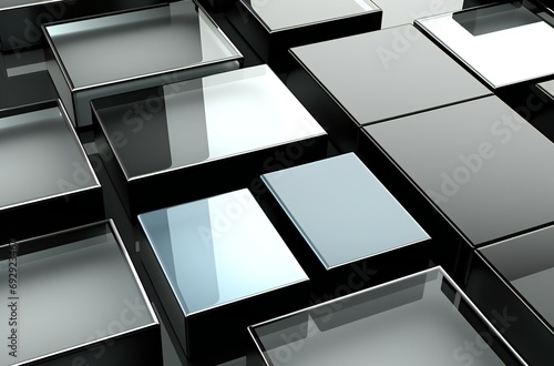 Geometric Elegance Captured in Modular Black and White Reflective Square Surfaces