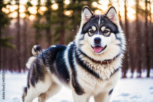 Portrait of a beautiful Alaskan husky dog in the park. Siberian Husky dog with blue eyes in winter forest.  Generative AI photo