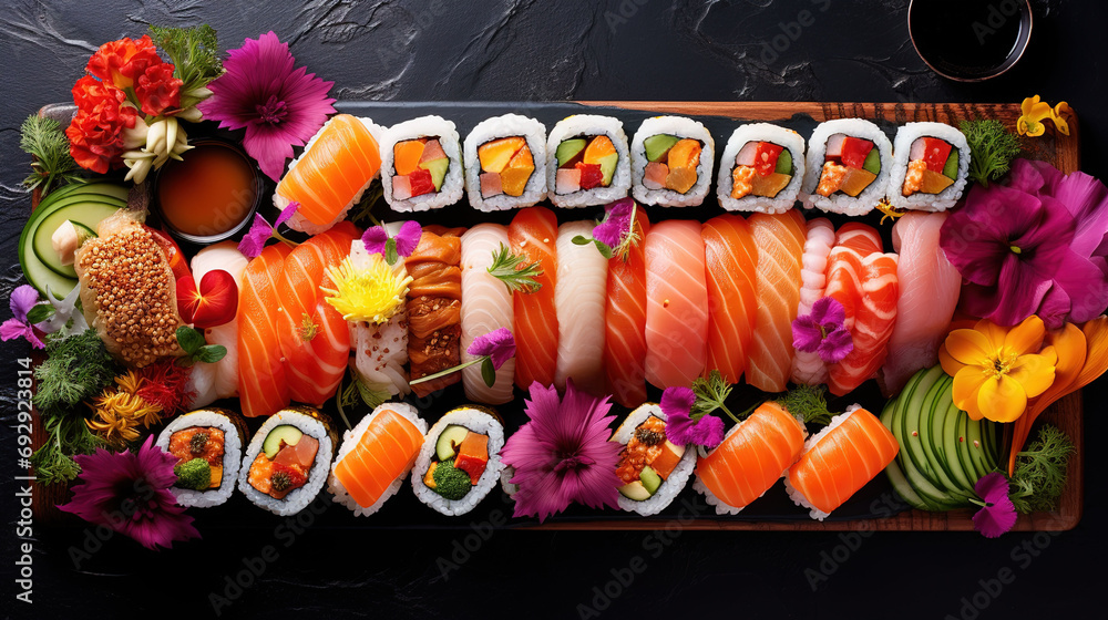 A Culinary Masterpiece, Fusion of Colorful Sushi Delicacies Adorning a Beautiful Plate