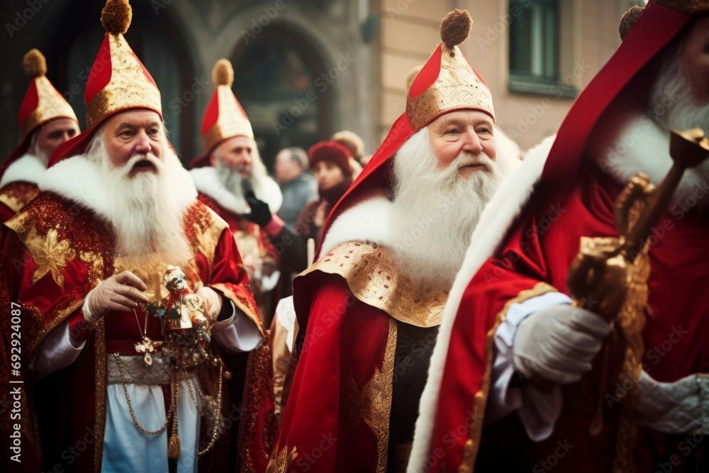 Saint nicholas procession. Elderly and intelligent persons with white and long beard. Generate AI
