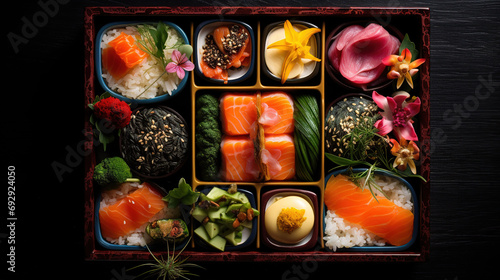 A Variety Cuisine Culinary in a Bento Box of Traditional and Tasty Japanese Delicacies