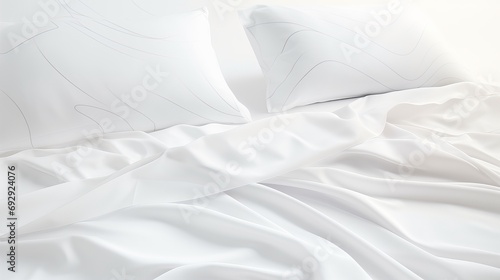 Cozy White Bedding Sheets and Pillows, Artfully Messy Bed Composition Using AI Technology © Nazia